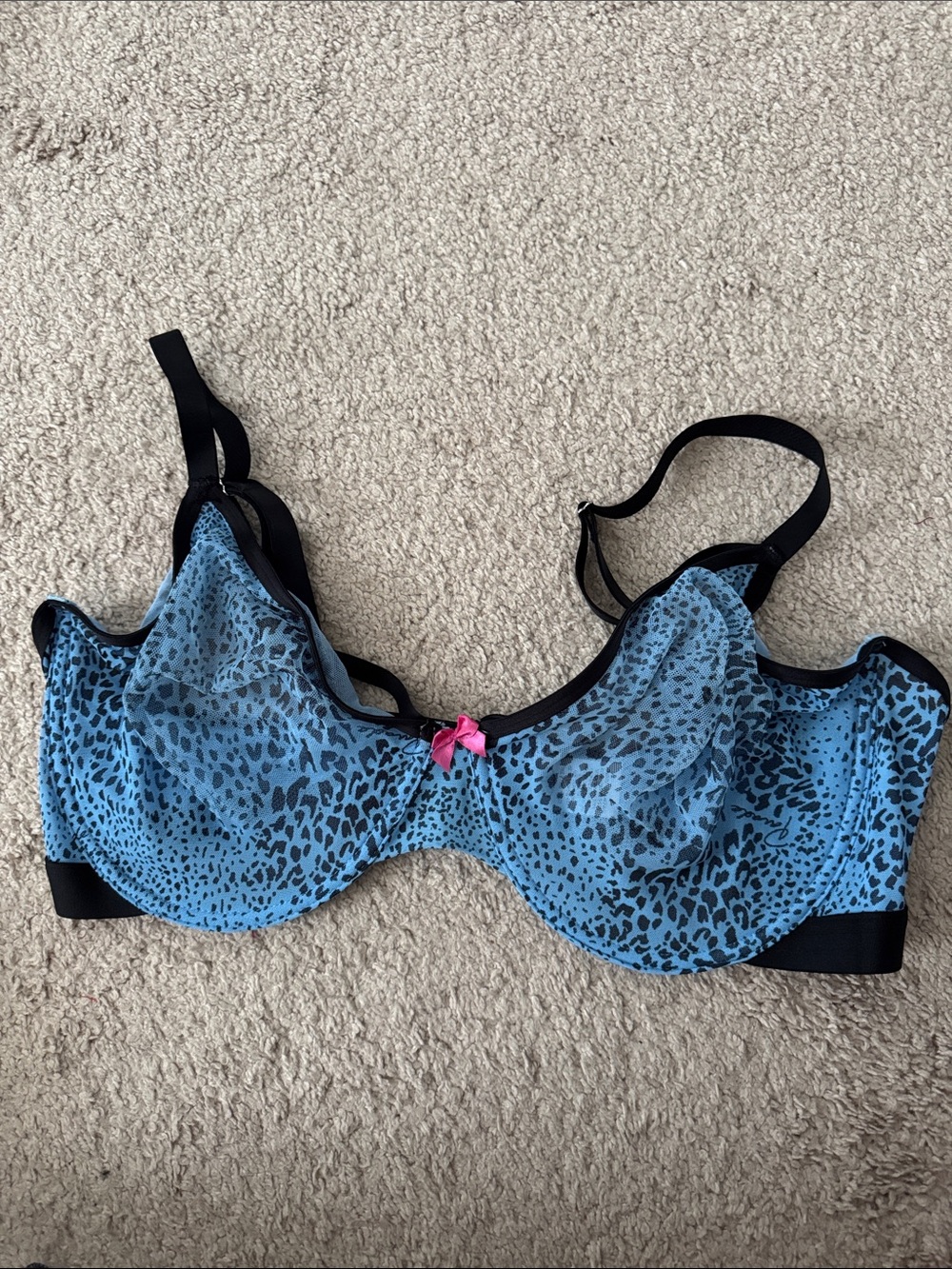 Blue Leopard Print Underwire Bra with Pink Accent